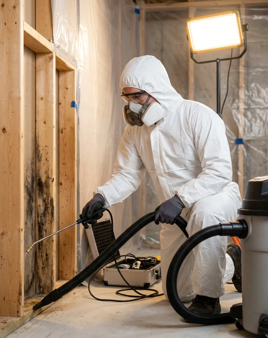 Contractor applying spray foam during moisture remediation work